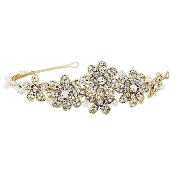 SassB Nellie Gold Crystal Flower Hair Band Tiara