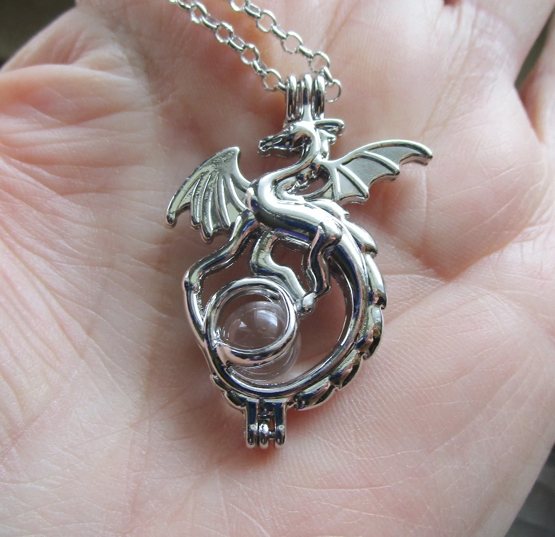 Silver Dragon Locket Cage with Quartz Crystal Ball Pendant Necklace