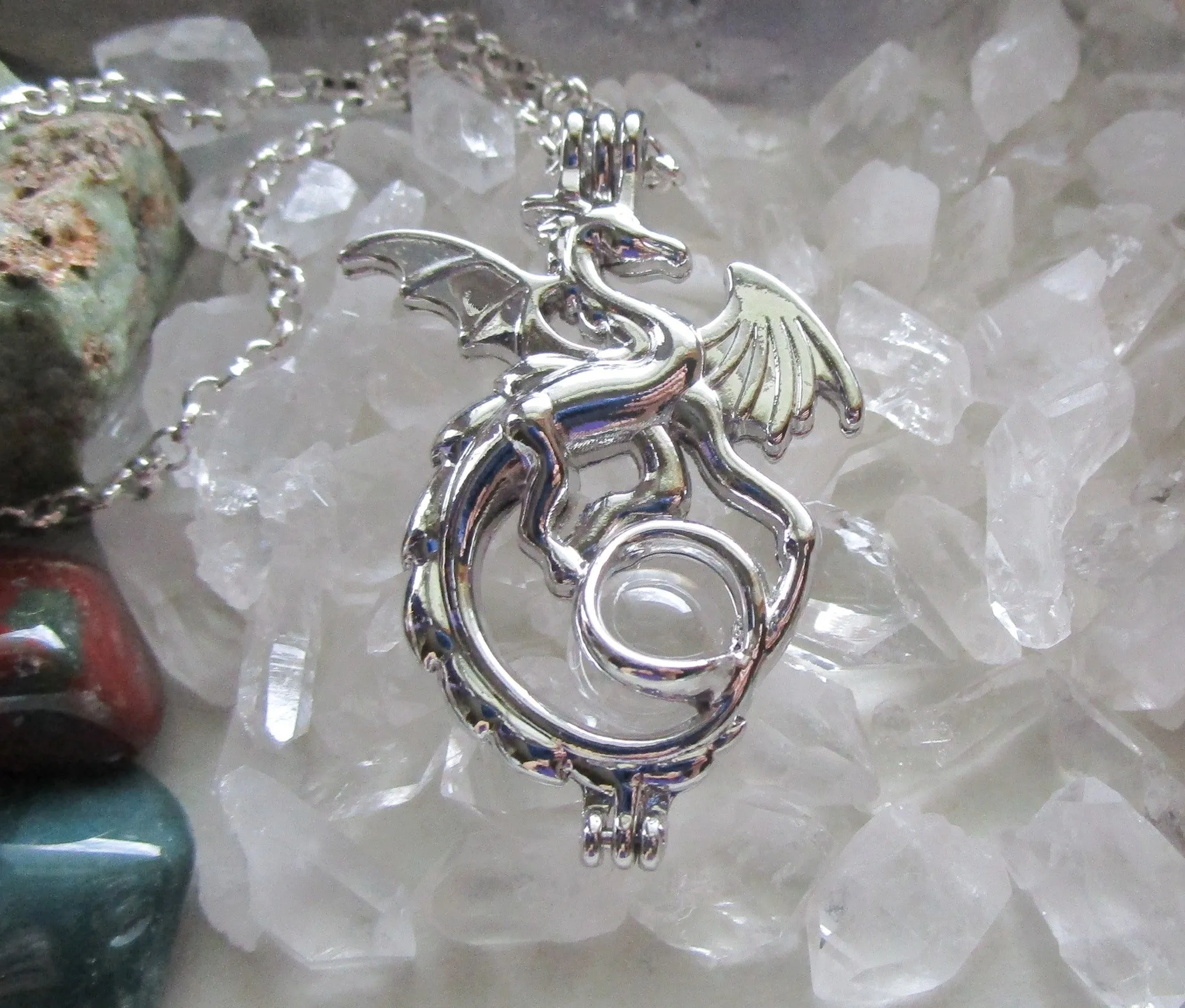 Silver Dragon Locket Cage with Quartz Crystal Ball Pendant Necklace