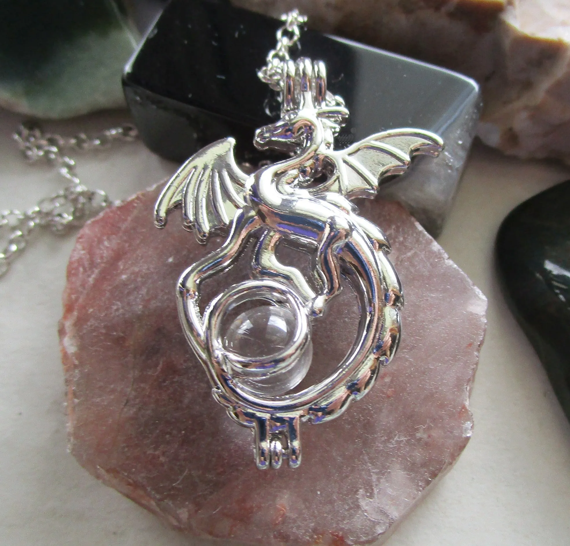 Silver Dragon Locket Cage with Quartz Crystal Ball Pendant Necklace