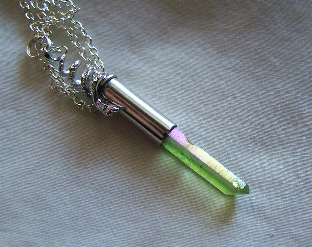 Silver Snake Green Aura Quartz Crystal Bullet Pendant