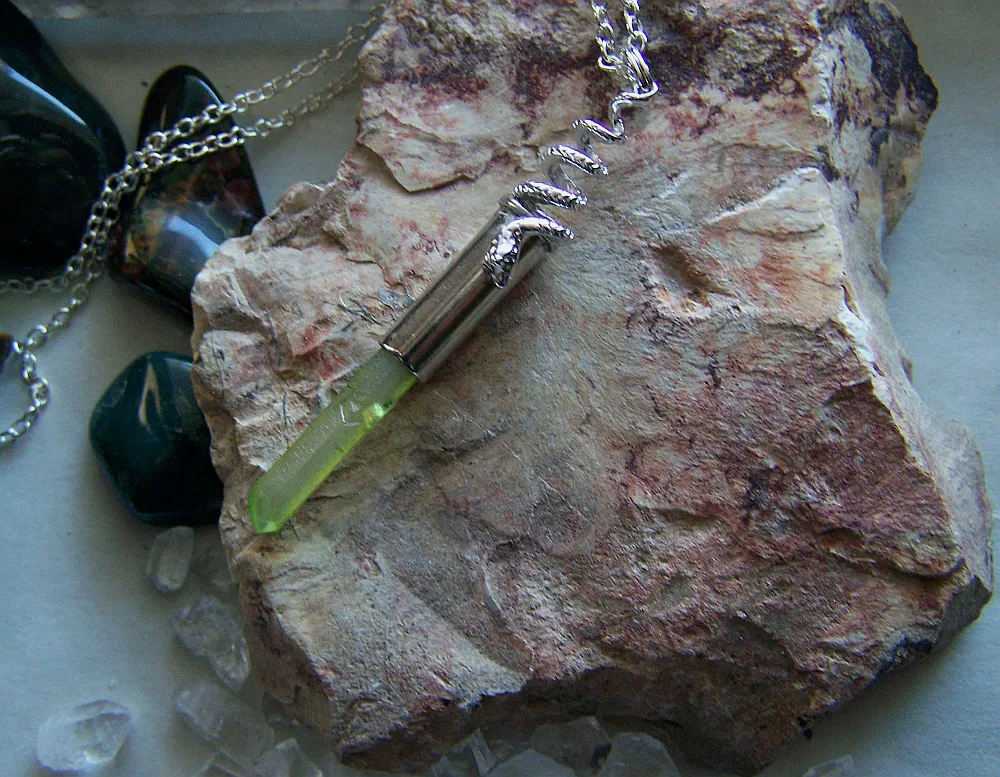 Silver Snake Green Aura Quartz Crystal Bullet Pendant