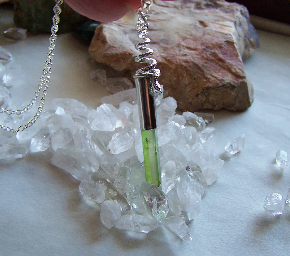 Silver Snake Green Aura Quartz Crystal Bullet Pendant