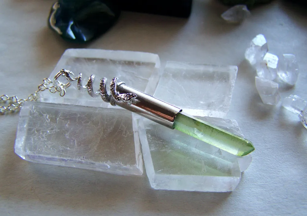 Silver Snake Green Aura Quartz Crystal Bullet Pendant