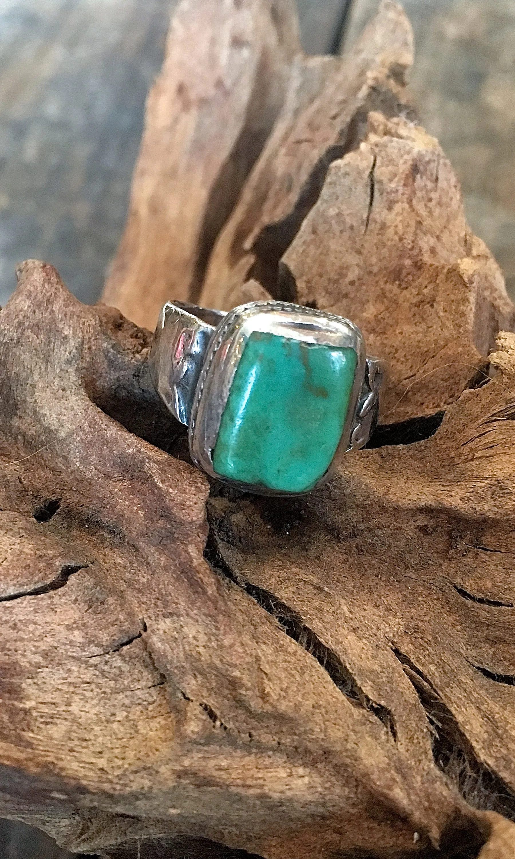 SIMPLE PLEASURES Vintage Silver and Green Turquoise Navajo Ring, Sz 12