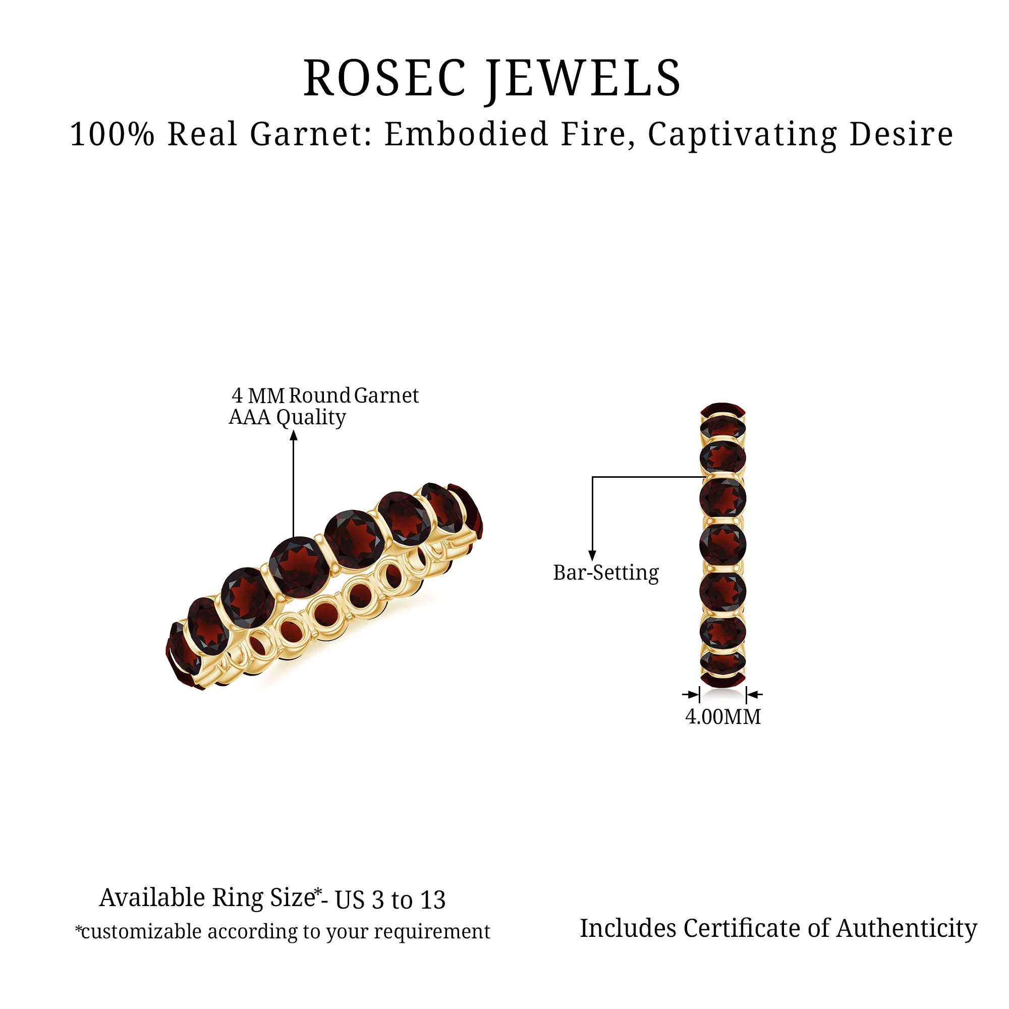 Simple Round Shape Garnet Full Eternity Ring in Bar Setting