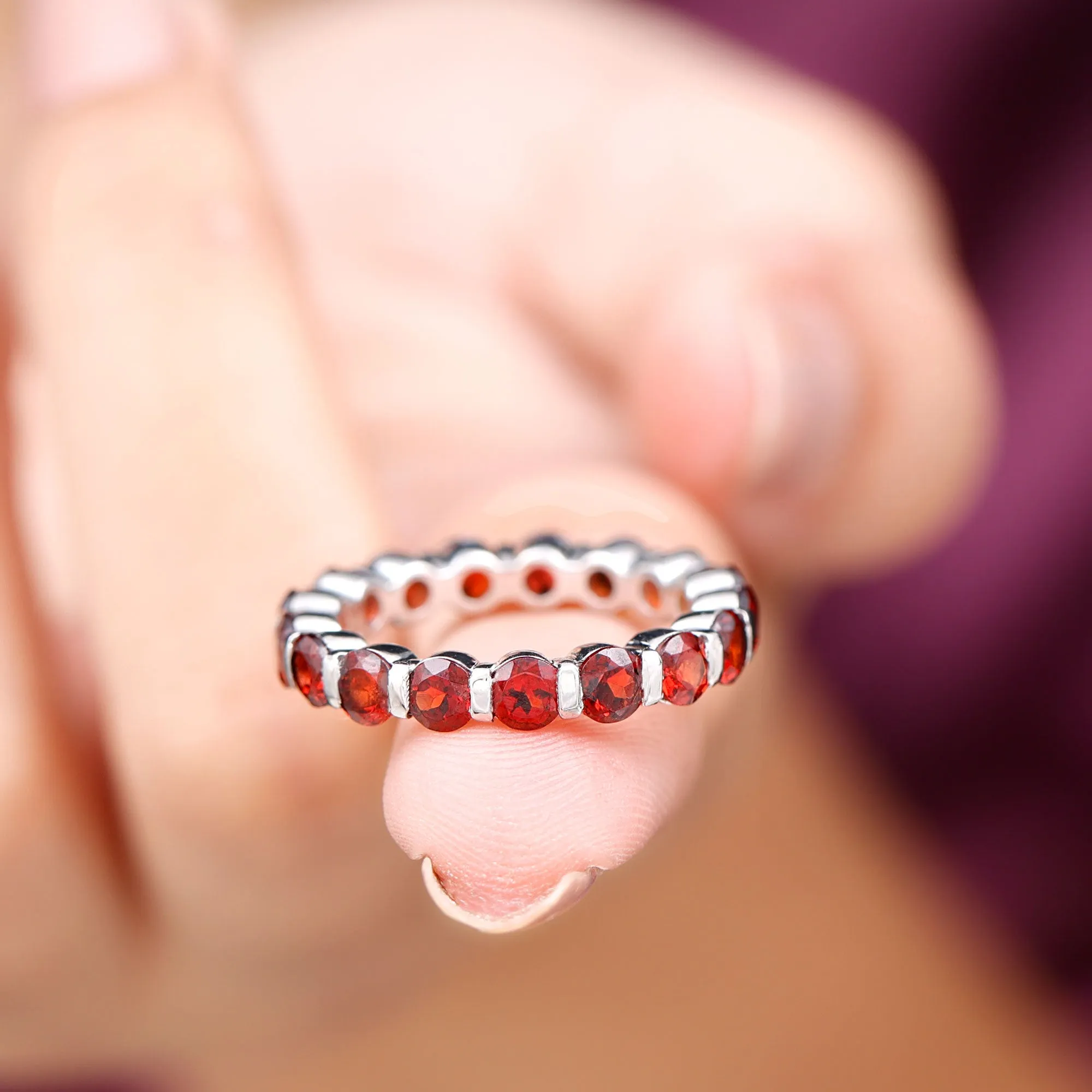 Simple Round Shape Garnet Full Eternity Ring in Bar Setting