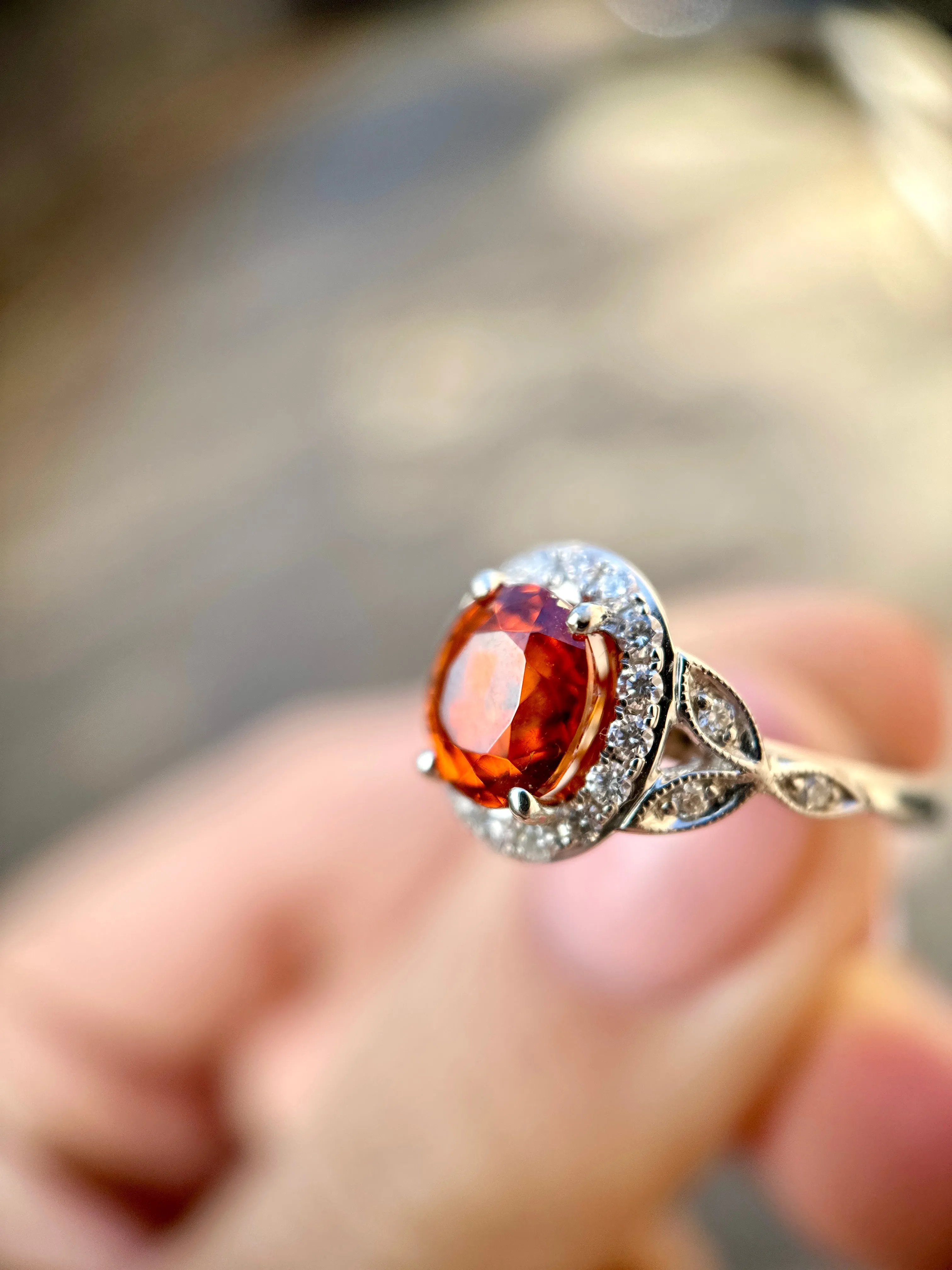 Spessartine Garnet & Diamond Halo White Gold Ring