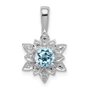 Sterling Silver Round Blue Topaz and Diamond Lotus Flower Pendant