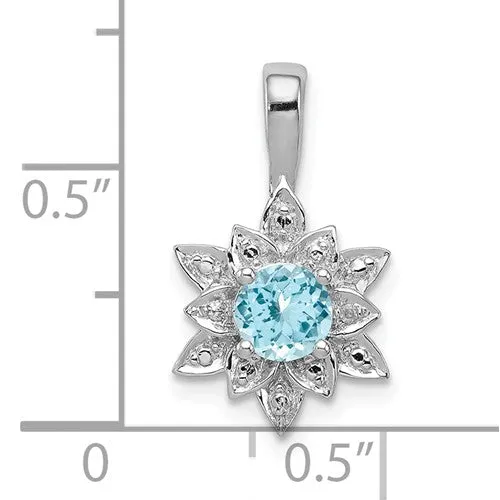 Sterling Silver Round Blue Topaz and Diamond Lotus Flower Pendant