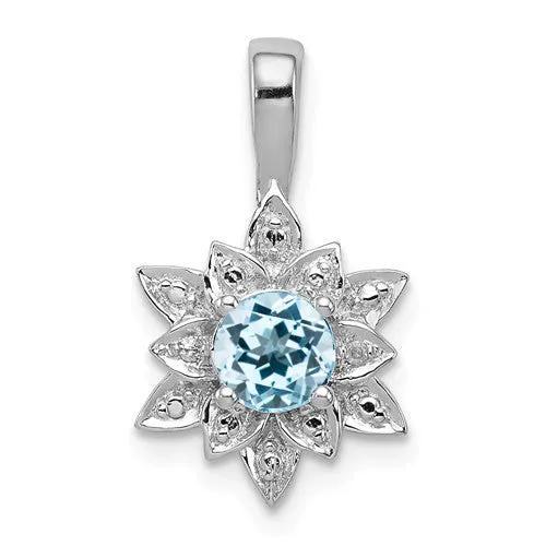 Sterling Silver Round Blue Topaz and Diamond Lotus Flower Pendant