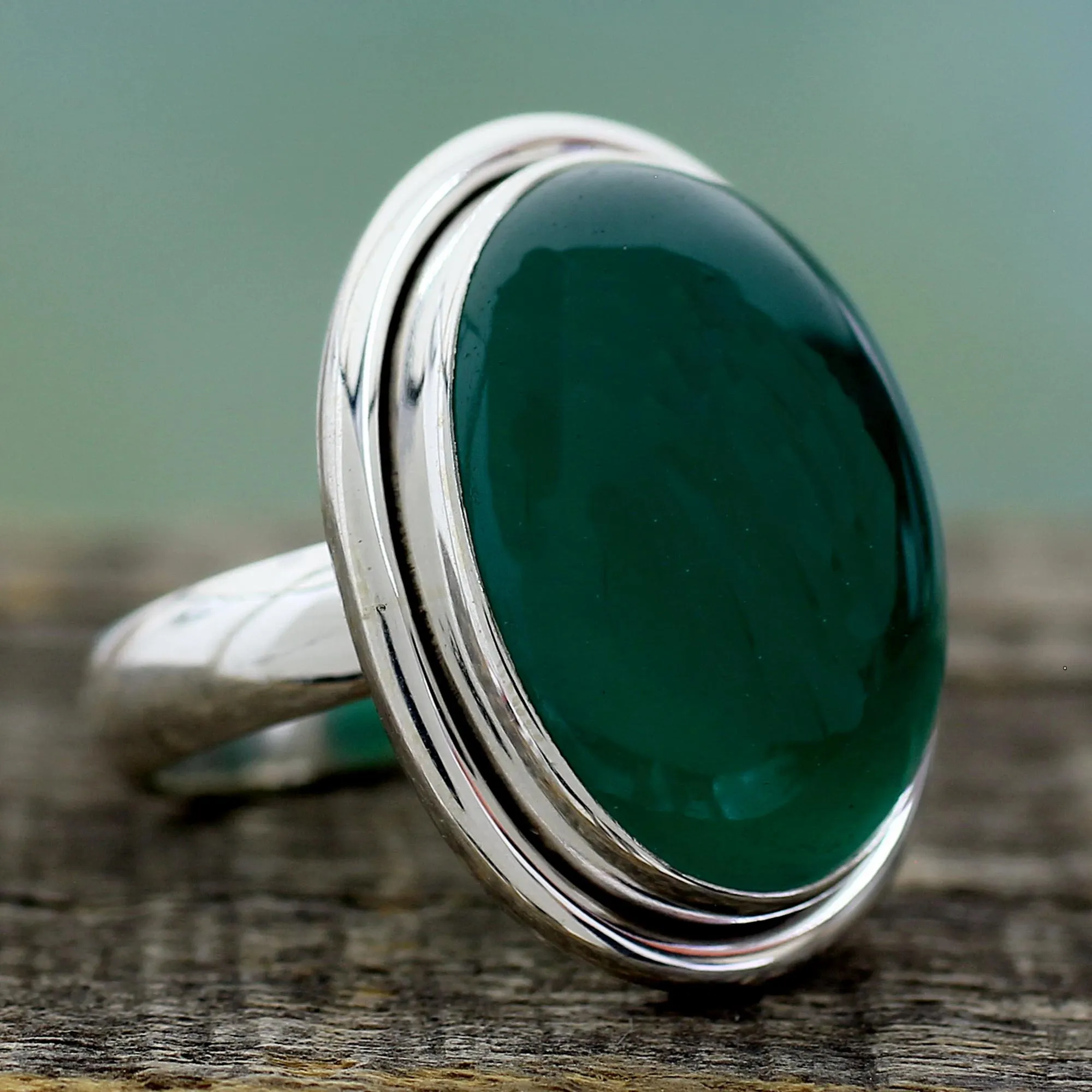 Sterling Silver Single Stone and Green Onyx Cocktail Ring - Universe | NOVICA