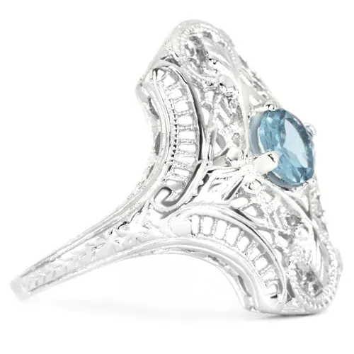 SWISS BLUE TOPAZ STERLING SILVER VINTAGE STYLE COCKTAIL RING ART DECO FILIGREE