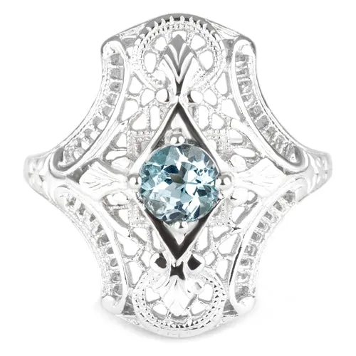 SWISS BLUE TOPAZ STERLING SILVER VINTAGE STYLE COCKTAIL RING ART DECO FILIGREE