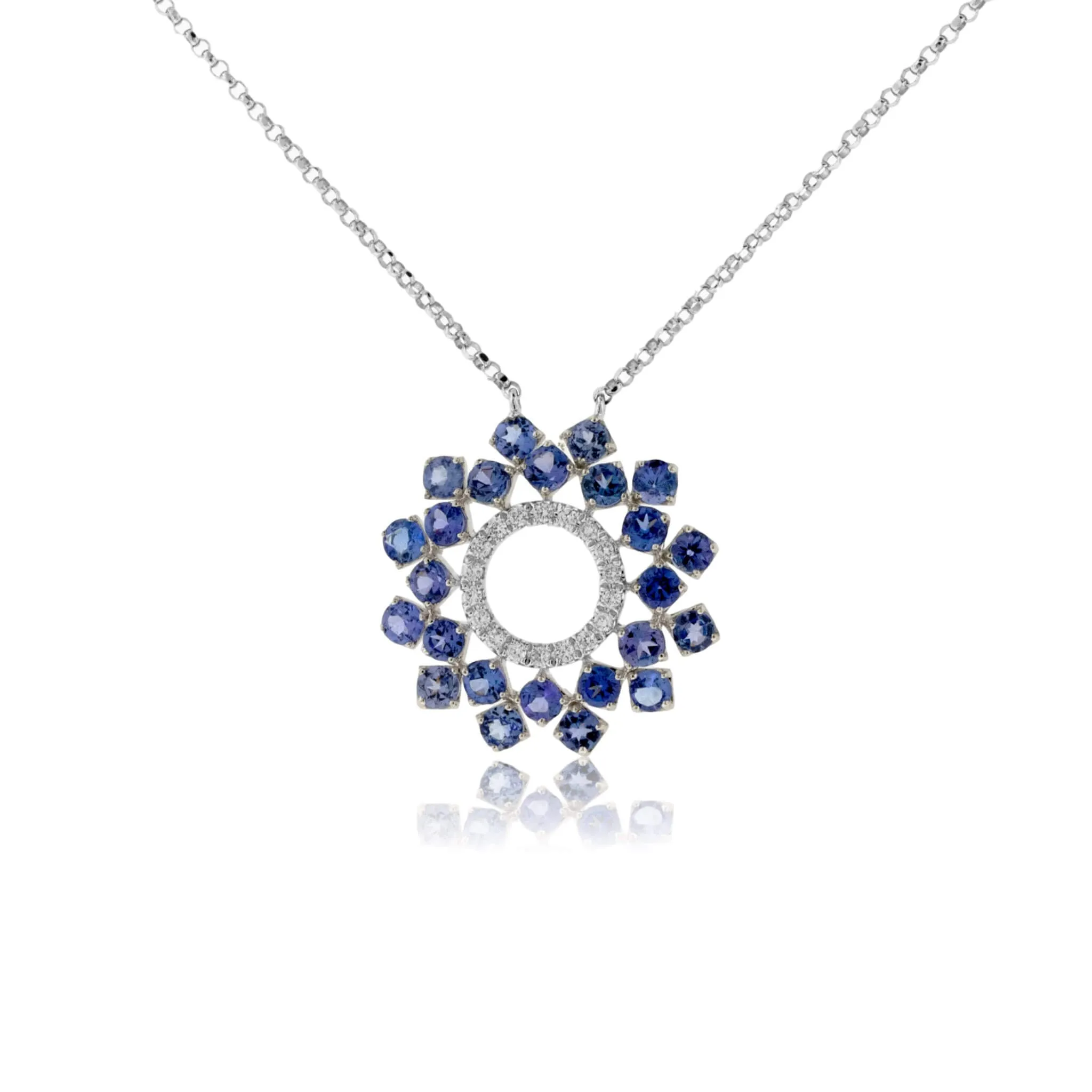 Tanzanite & Diamond Round Sunburst Style Pendant w/Chain