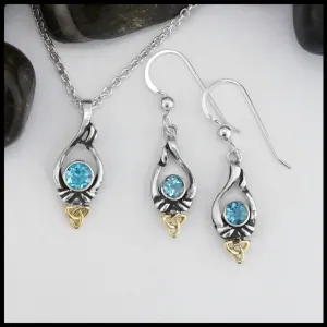 Trinity Knot Pendant and Earring set with Blue Topaz