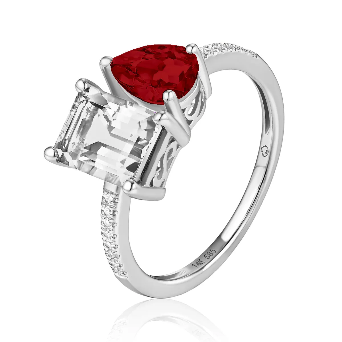 Two-Stone Garnet, White Topaz, and Diamond Ring