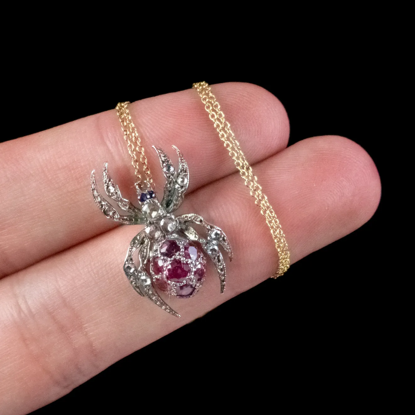 Victorian Style Spider Pendant Necklace Ruby Diamond Sapphire Silver 18ct Gold