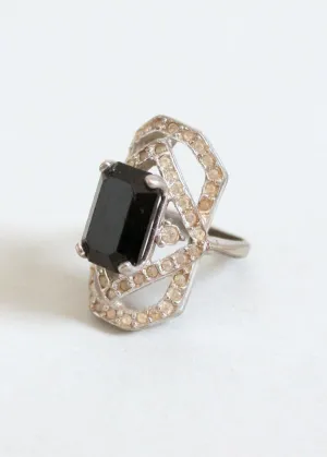 Vintage 1930s Black Glass and Rhinestone Cocktail Ring