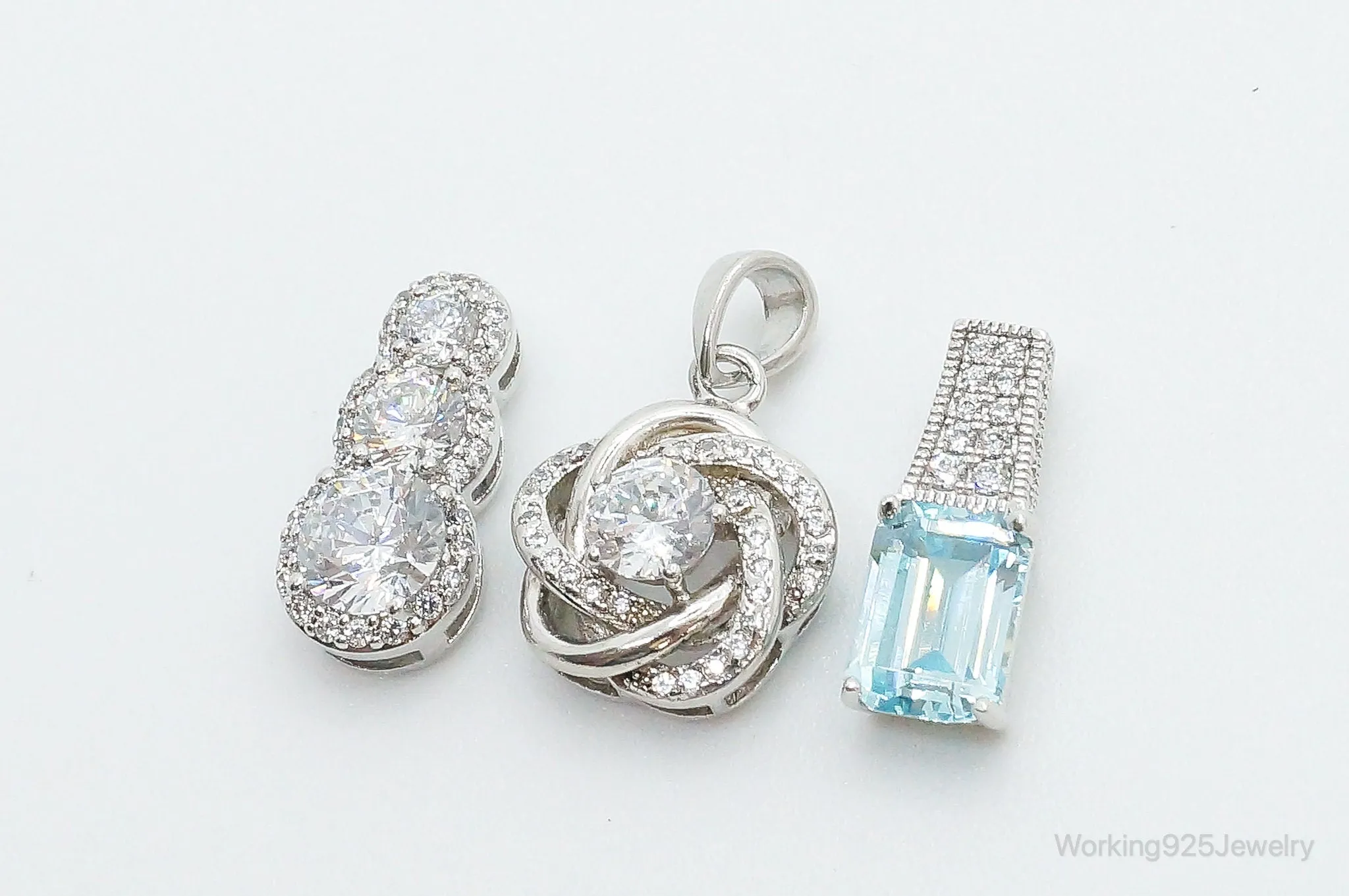 Vintage Blue Topaz & Cubic Zirconia Sterling Silver Necklace Pendants