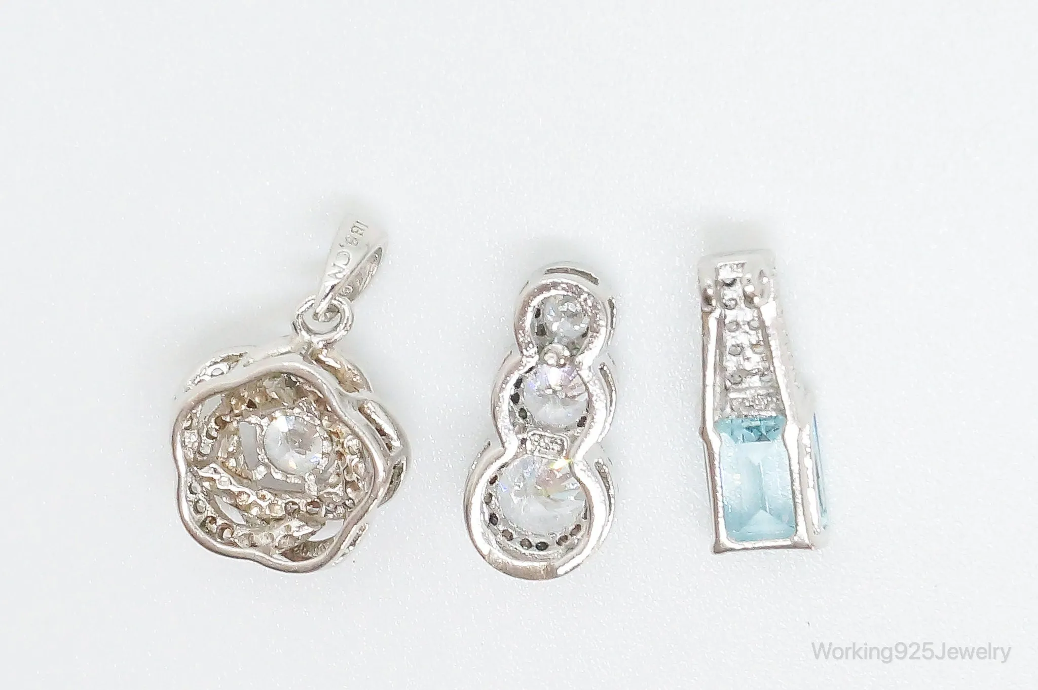 Vintage Blue Topaz & Cubic Zirconia Sterling Silver Necklace Pendants