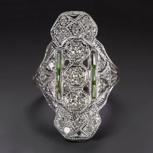 VINTAGE DIAMOND EMERALD COCKTAIL RING ART DECO GEOMETRIC STATEMENT WHITE GOLD