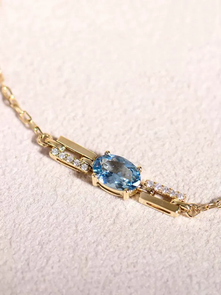 Vintage Gold Aquamarine Diamond Bracelet/K Gold Natural Aquamarine Bracelet/Real 18K Solid Gold Diamond Aquamarine Bracelet/gift for her