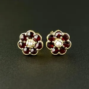 Vintage Gold Vermeil Garnet Pearl Flower Stud Earrings