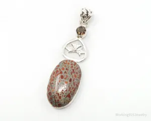 Vintage Large Jasper Smoky Topaz Sterling Silver Necklace Pendant