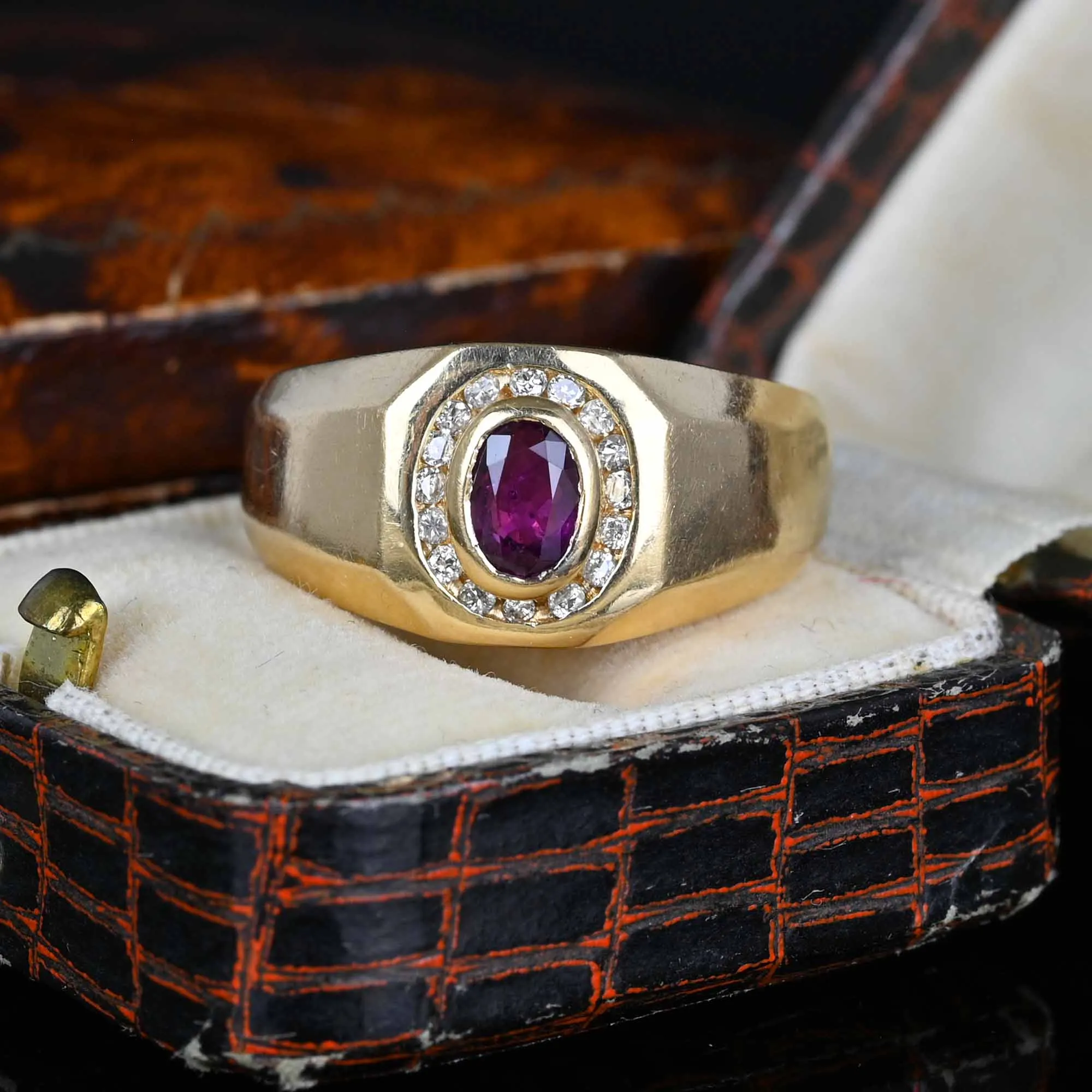 Vintage Mens Diamond Halo Ruby Ring in 14K Gold