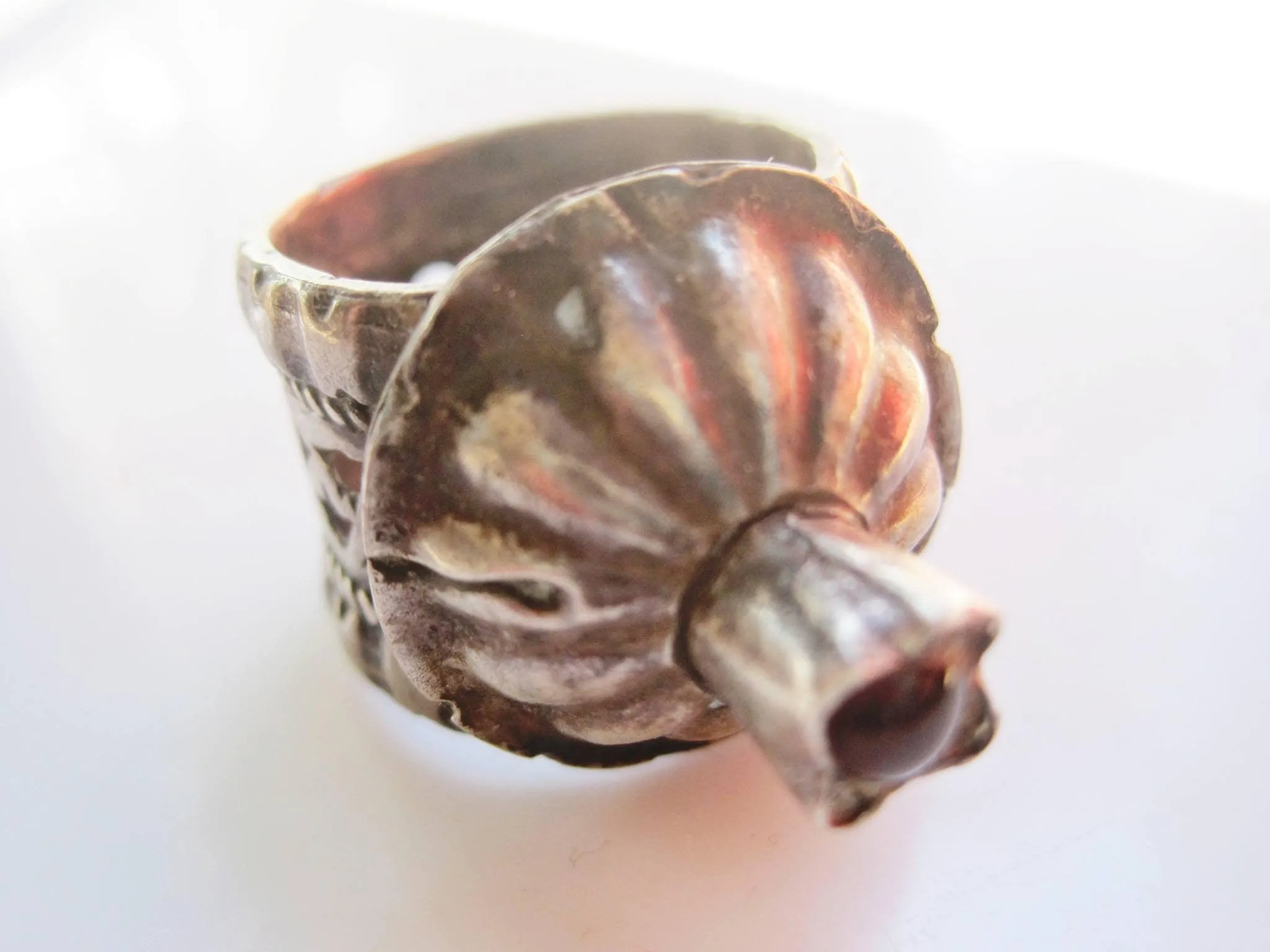 Vintage Silver Tower Ring with Red Glass, Size 9 from the Middle East