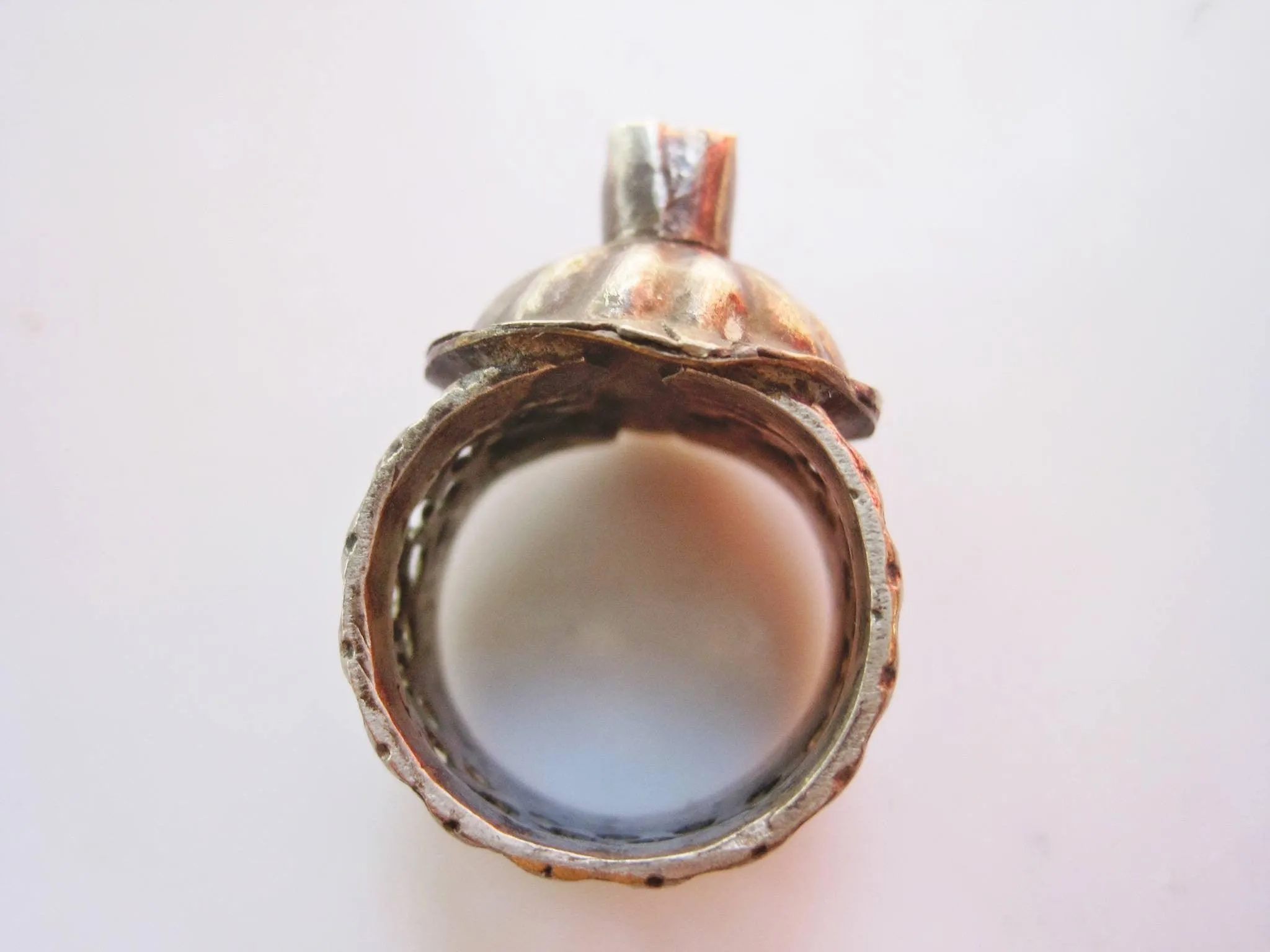 Vintage Silver Tower Ring with Red Glass, Size 9 from the Middle East