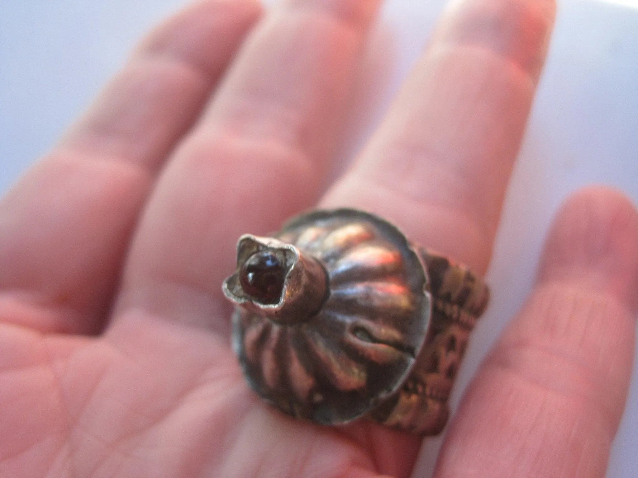 Vintage Silver Tower Ring with Red Glass, Size 9 from the Middle East