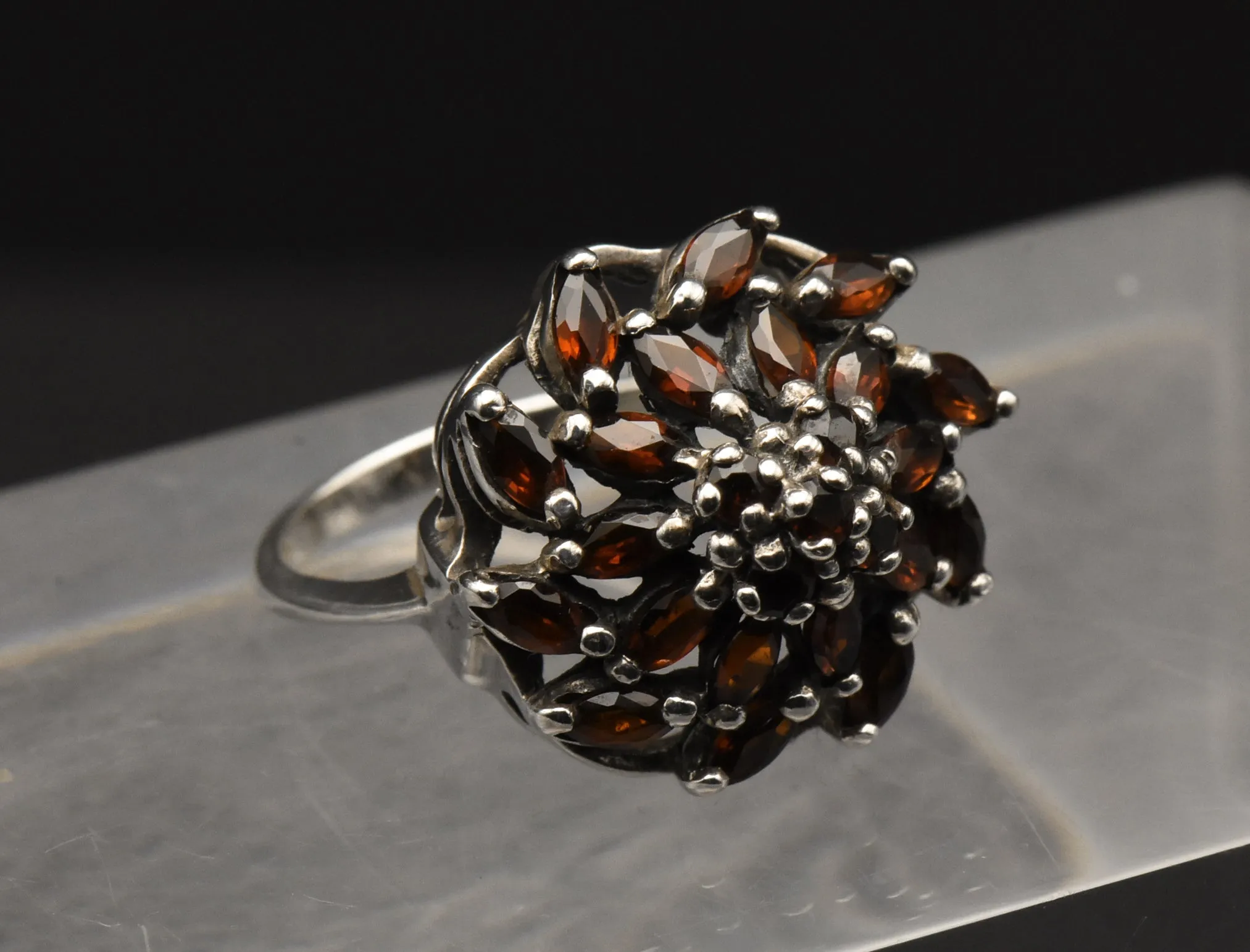 Vintage Sterling Silver Imitation Red Garnet Cocktail Ring - Size 5.75