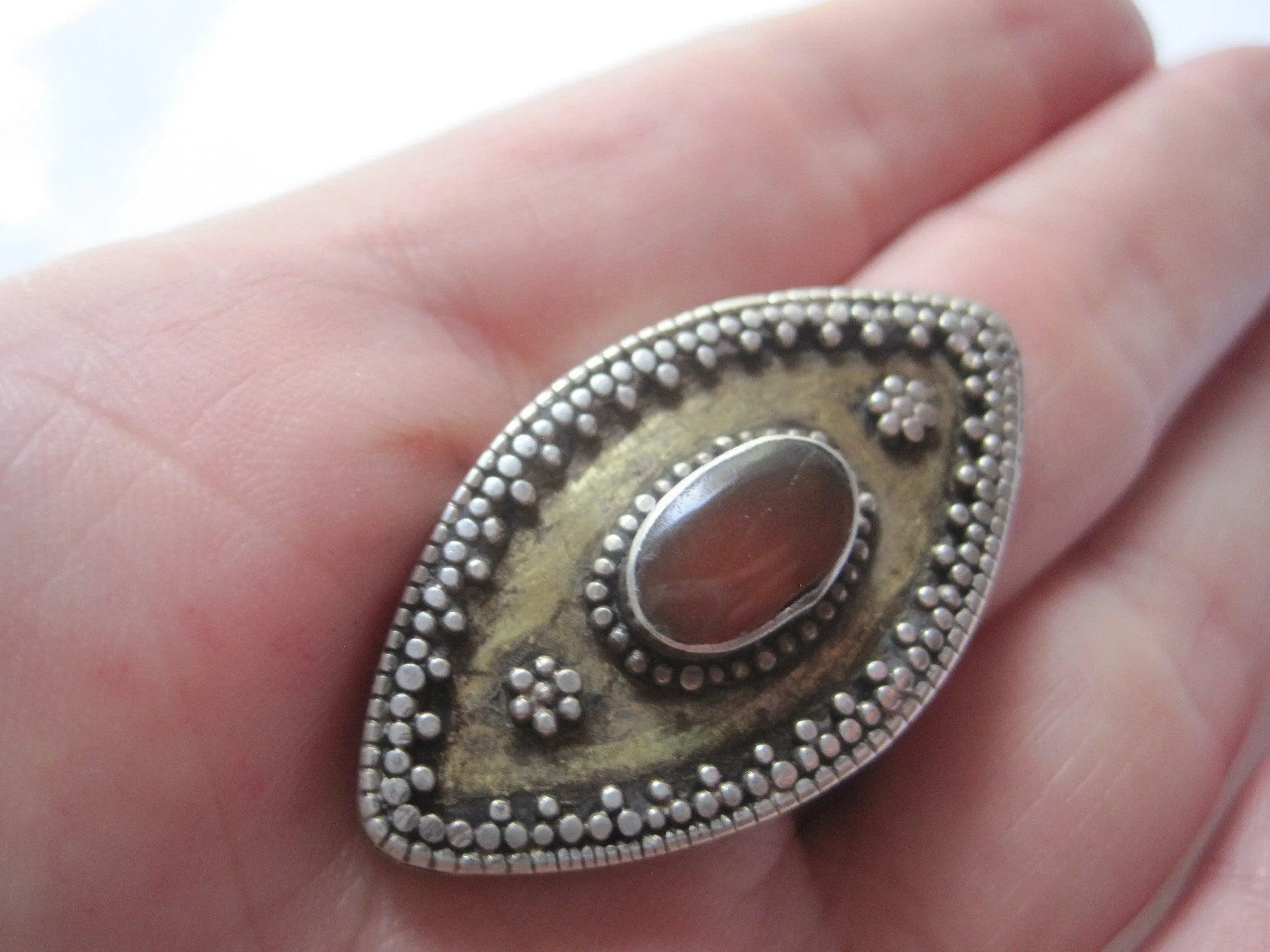 Vintage Tribal Afghan Kazakh Style Silver and Gold Gilt Carnelian Ring Size 10 1/2