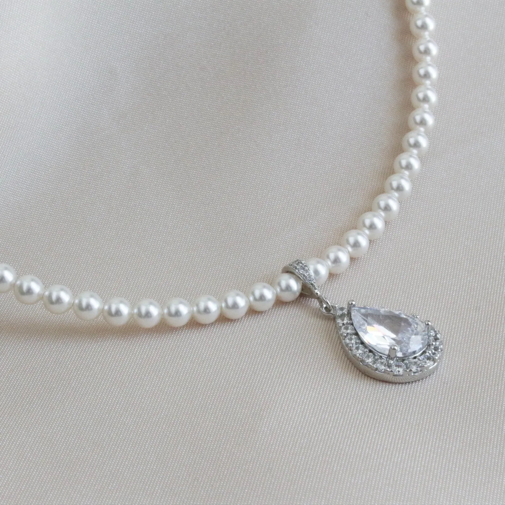 White Pearl Cubic Zirconia Teardrop Necklace