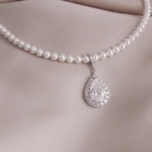 White Pearl Cubic Zirconia Teardrop Necklace