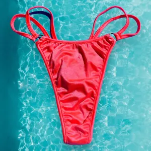 Y2K Double Strap O-Ring Thong Bikini Bottom | Neon Coral